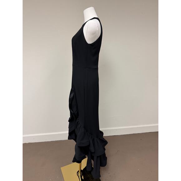 Betsy & Adam Arielle Scuba Crepe Ruffle Slit Asymmetrical Maxi Gown Black Size 8 - Picture 6 of 12